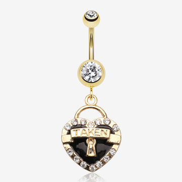 Golden Heart Lock Sparkle Belly Ring-Clear Gem/Black